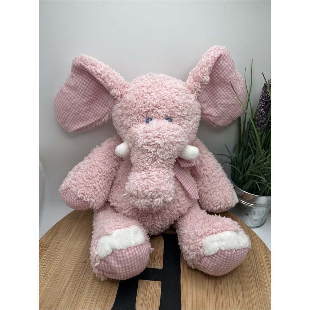 Baby Ganz Tubby Tummy Plush 12" Pink Elephant Gingham Bow Ribbon Bean Bag Bottom
